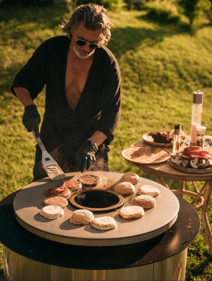 Grilling burgers on a WATRAG fire pit in a garden